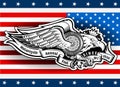 Eagle with motorbike wheel with wings and ribbon on stars and stripes background. Vintage motorcycle design on white