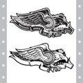 Eagle with motorbike wheel wings wings and ribbon. Vintage motorcycle design on white