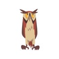 Eagle Owl Bird, Great Horned Eurasian Owl Character with Brown Plumage, Front View Vector Illustration Royalty Free Stock Photo