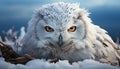 Eagle owl, majestic bird, perched on snowy branch, staring generated by AI Royalty Free Stock Photo