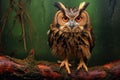 an eagle-owl perched on a tree branch, ready to pounce