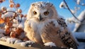 Eagle owl perching on branch, snowing in winter forest generated by AI Royalty Free Stock Photo