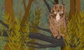 Eagle owl sits on a tree branch in a dense green summer forest. Predatory bird