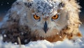 Eagle owl staring, snow covered forest, wisdom in nature generated by AI Royalty Free Stock Photo
