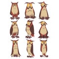 Eagle Owls Birds Set, Funny Great Horned Owls Characters with Brown Plumage Vector Illustration Royalty Free Stock Photo