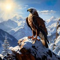 eagle perches proudly on a rock, with the backdrop of a great mountain landscape.