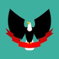 Eagle and red ribbon. Big black bird emblem