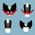 Eagle and red ribbon set. Black bird predator. Hawk and shield. Royalty Free Stock Photo