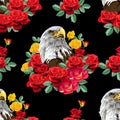 Eagle with roses seamless pattern