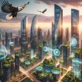 Eagle\'s Eye View: Futuristic City with Majestic Bald Eagles