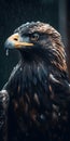 Eagle sitting on a branch in the rain, close-u Generative AI