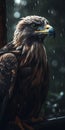 Eagle sitting on a branch in the rain, close-u Generative AI