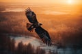 Eagle soaring with its wings spread wide against a warm sunset on the horizon, representing the freedom and greatness of the