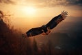 Eagle soaring with its wings spread wide against a warm sunset on the horizon, representing the freedom and greatness of the