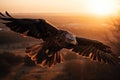 Eagle soaring with its wings spread wide against a warm sunset on the horizon, representing the freedom and greatness of the