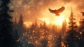 Eagle flying over a blazing sunset in a forest Royalty Free Stock Photo