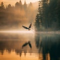 Eagle soaring over a serene lake nature photography. Generative AI