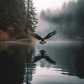 Eagle soaring over a serene lake nature photography. Generative AI