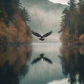 Eagle soaring over a serene lake nature photography. Generative AI