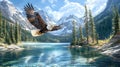 Eagle soaring over a tranquil mountain lake landscape Royalty Free Stock Photo