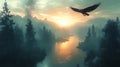 Eagle Soaring Sunset Misty Mountain Lake Royalty Free Stock Photo