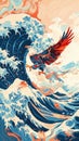 An eagle soars above 3D crypto waves, embodying freedom and risk in the pursuit of vacation and business