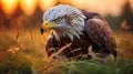 Powerful Portraits: Eagle Grazing In Field At Evening Sunset