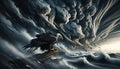 Eagle in a Stormy Sky: A spectacular image of an eagle braving a storm, with dark swirling clouds in the sky. Royalty Free Stock Photo