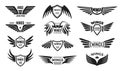 Eagle wing logo, wings with shield badge, pilot winged emblem. Black military insignia, flying falcon army label, angel