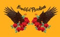 Eagle, wing, pinion with roses onyellow background