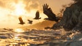 Eagles flying out of water and hovering at dawn Royalty Free Stock Photo