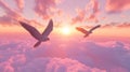 Eagles soaring sunset cloudscape; peaceful flight, digital art, inspirational Royalty Free Stock Photo