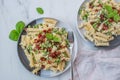 Ealthy home made ricotta pasta with bacon and peas