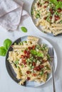 Ealthy home made ricotta pasta with bacon and peas