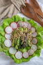 Ealthy spring salad with asparagus on a table