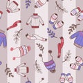 Seamless pattern with warm knits, sweater, hat, mittens and scarf