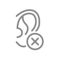 Ear with cross checkmark line icon. Disease hearing organ, ear disease symbol