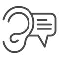 Ear and dialogue line icon. Ear listening with text bubble symbol, outline style pictogram on white background. Audio