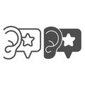 Ear, dialogue with star, recommendation line and solid icon, smm concept, star in speech bubble vector sign on white