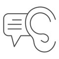 Ear and dialogue thin line icon. Ear listening with text bubble symbol, outline style pictogram on white background