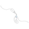 Ear drops continuous one line drawing. Earwax removing. Ear inflammations prevention. Reducing pain. Vector illustration
