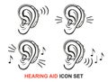 Ear hearing aid for deaf, hear loss, medical auditory device, deafness treatment line icon. Improve human sound perception vector