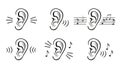 Ear, hearing test icon set. Sound perception. Human hear noise or music. Level volume. Loss listening. Vector