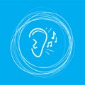 Ear listen sound signal icon on a blue background with abstract circles around and place for your text.