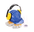 Ear muffs on hard hat and gloves. Royalty Free Stock Photo