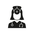 Ear, Nose, Throat Doctor Silhouette Icon. Otolaryngology Medic Staff with Stethoscope, Mirror Black Icon