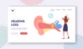 Ear Pain, Tinnitus, Otitis Landing Page Template. Tiny Female Character Suffer of Ache Hold Dizzy Head at Huge Human Ear