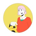 Ear piercings asian girl petting cat black and white 2D vector avatar illustration