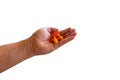 Ear plugs hearing protection in men& x27;s hand on white background,safety concept Royalty Free Stock Photo