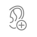 Ear with plus line icon. Hearing organ symbol